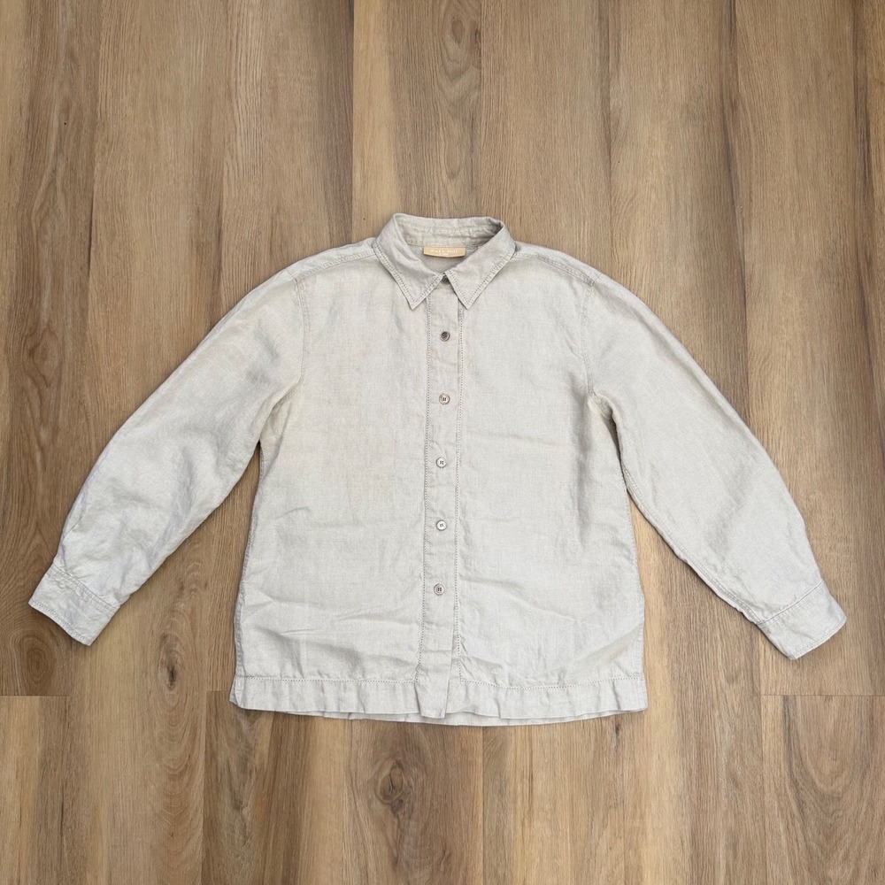 Linen Button Down Shirt Oatmeal Beige Long Sleeve large coastal preppy‎